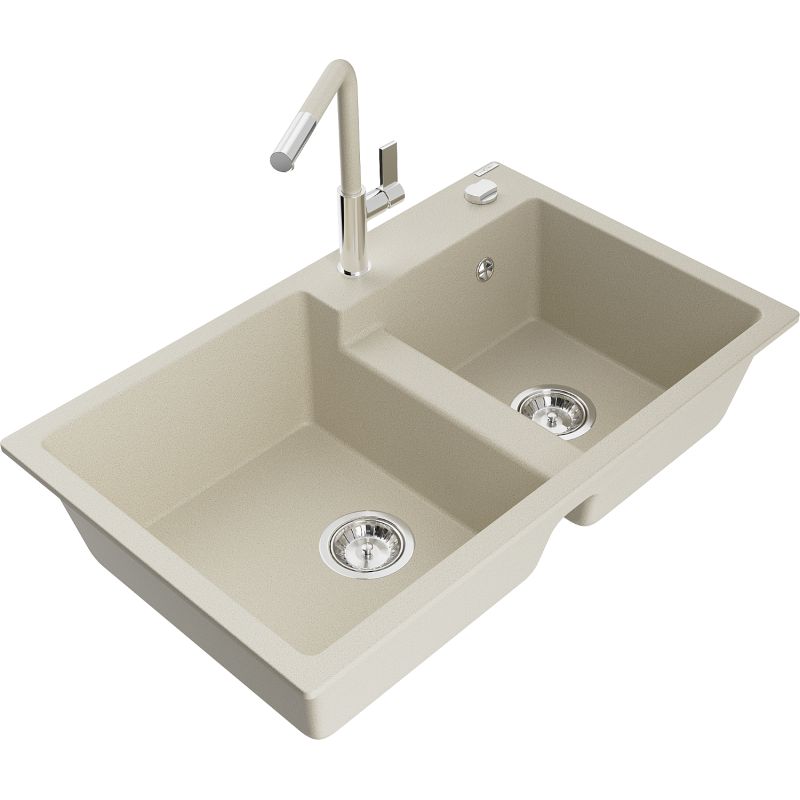 Zlewozmywak granitowy 2-komorowy Mexen Tomas z baterią kuchenną Flora beżowy 6516-69-670401-09