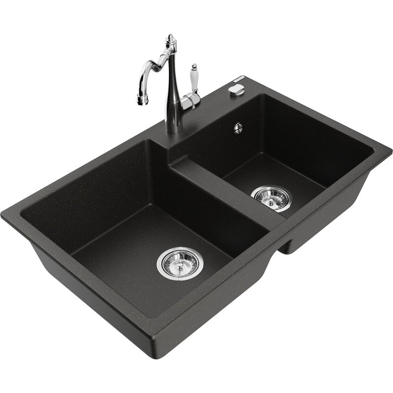 Zlewozmywak granitowy 2-komorowy Mexen Tomas z baterią kuchenną Carla czarny/złoty metalik 6516-75-670700-00