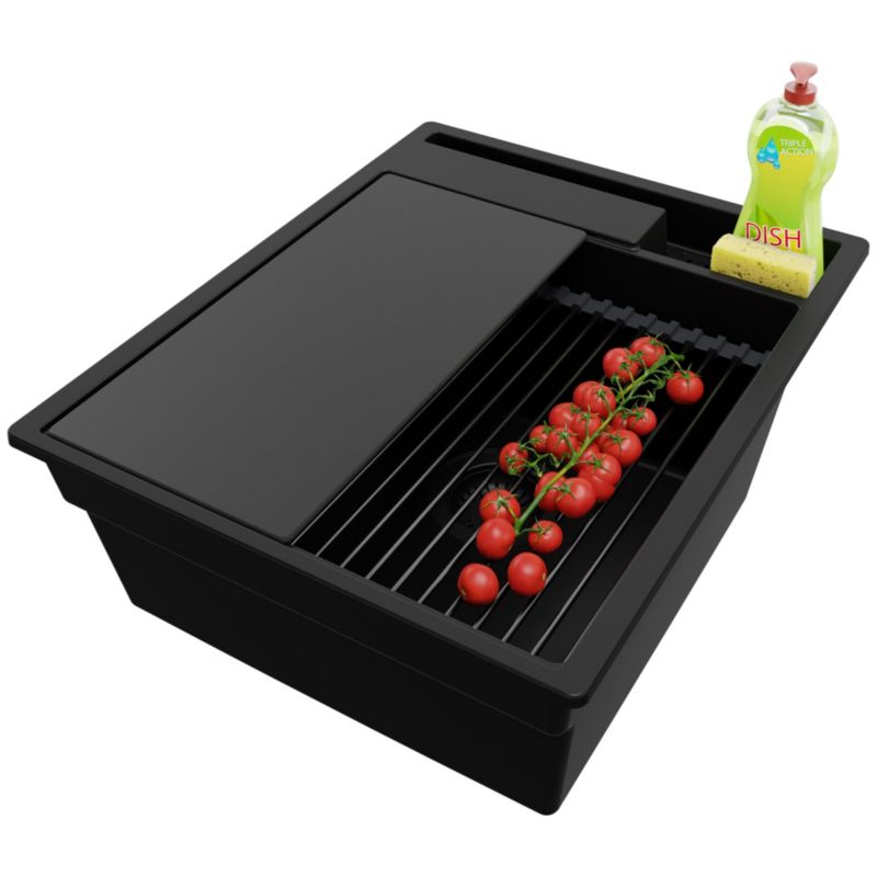 Zlewozmywak Oslo Pocket PRIMAGRAN Nablatowy 43x53cm do szafki od 45cm, Cały Czarny + Syfon + Akcesoria, S117, 1 szt.