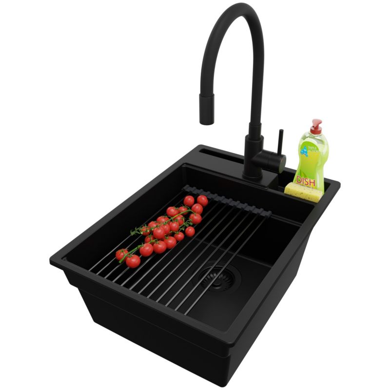 Zlewozmywak Granitowy Oslo Pocket PRIMAGRAN Nablatowy 38x53cm do szafki od 40cm z Syfonem i Baterią i Dodatkiem Cały Czarny 1 szt.