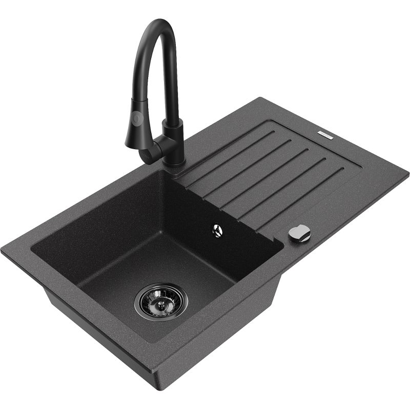 Zlewozmywak granitowy 1-komorowy Mexen Pablo z ociekaczem i baterią kuchenną Elia czarny nakrapiany 6510-76-670101-70-B
