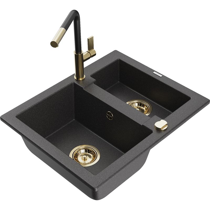 Zlewozmywak granitowy 1.5-komorowy Mexen Carlos z baterią kuchenną Flora czarny nakrapiany 6518-76-670401-57-G