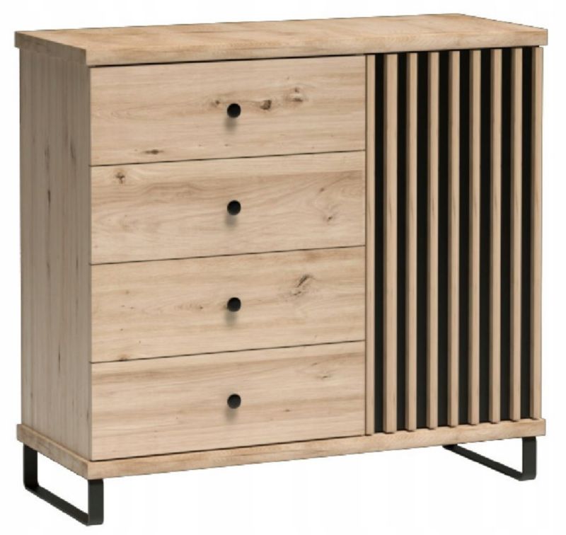 Szafka Komoda Furnidea 102 cm dąb artisan czarny lamelowa CALI z szufladami, drzwiami i nóżkami 10 cm 1 szt.