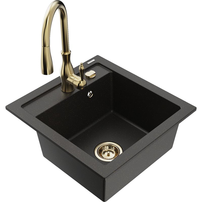 Zlewozmywak granitowy 1-komorowy Mexen Vito z baterią kuchenną Savita czarny/złoty metalik 6503-75-672601-50