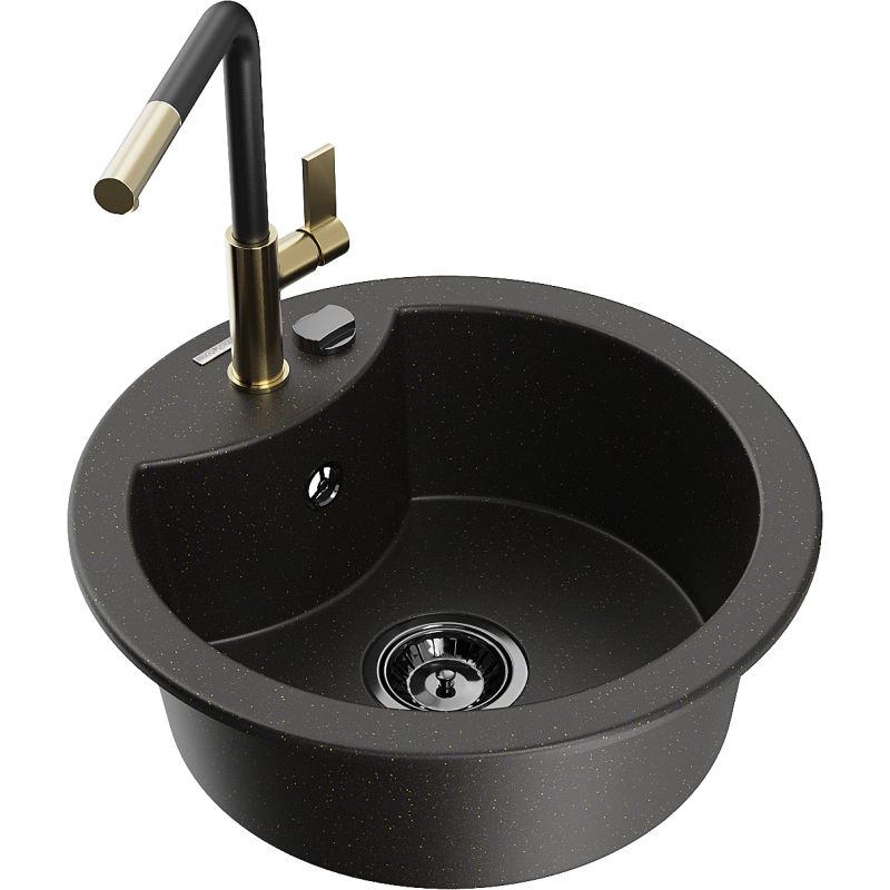 Zlewozmywak granitowy 1-komorowy Mexen Diego z baterią kuchenną Flora czarny/złoty metalik 6512-75-670401-57-B