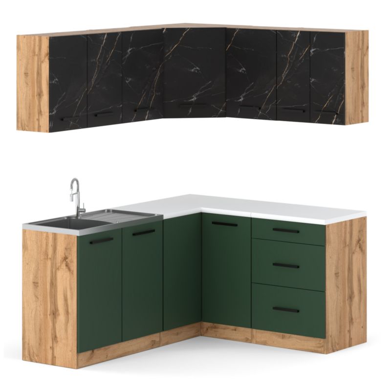 Zestaw Kuchenny Hurtownia-Mebli Z Blatem Kuchnia narożna Diana 320cm Dąb Wotan San Sebastian/Butelkowa Zieleń 320x47x145 cm 1sz