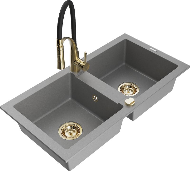 Zlewozmywak granitowy Mexen Mario 2-komorowy z baterią kuchenną Aster szary 6504-71-73450-57-G