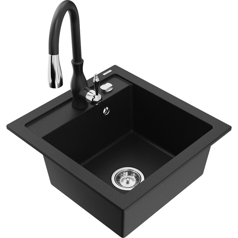 Zlewozmywak granitowy 1-komorowy Mexen Vito z baterią kuchenną Savita czarny/srebrny metalik - 6503-73-672601-00 1 szt.