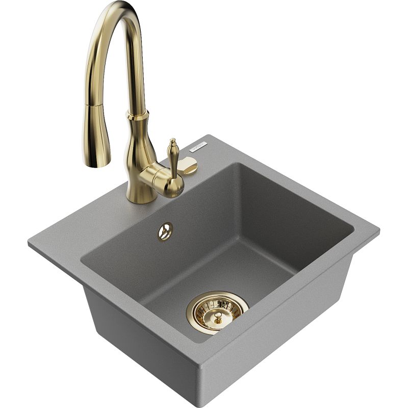 Zlewozmywak granitowy 1-komorowy Mexen Milo z baterią kuchenną Savita szary 6505-71-672601-50