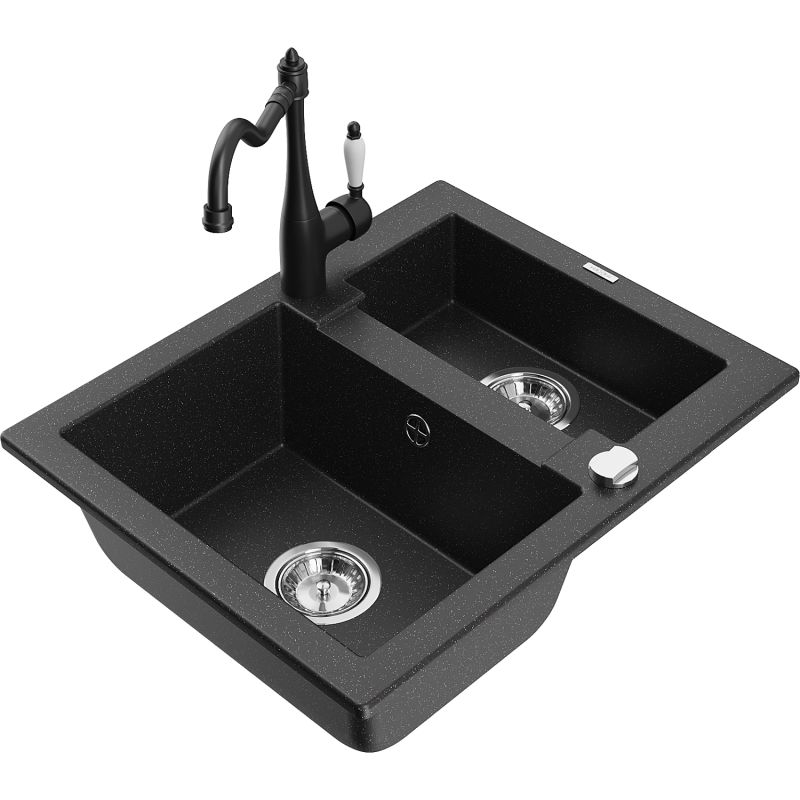 Zlewozmywak granitowy 1.5-komorowy Mexen Carlos z baterią kuchenną Carla czarny/srebrny metalik 6518-73-670700-70