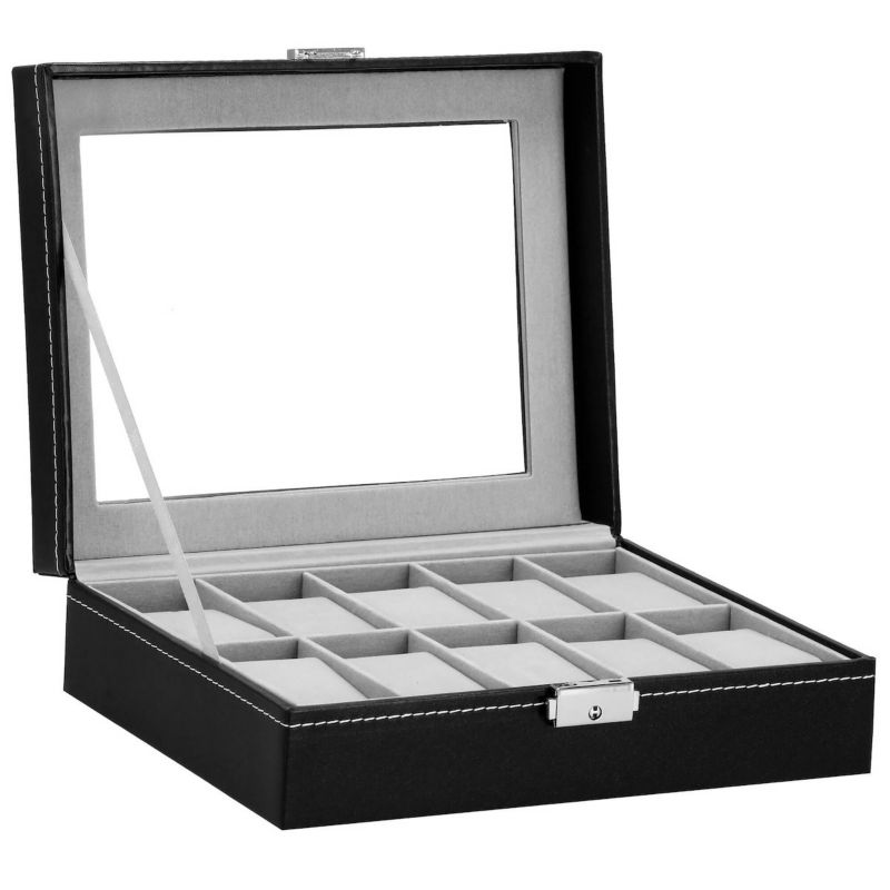 Szkatułka na zegarki Springos 25x20x8 cm z przegródkami i okienkiem czarno-szary, ekoskóra 1 szt.