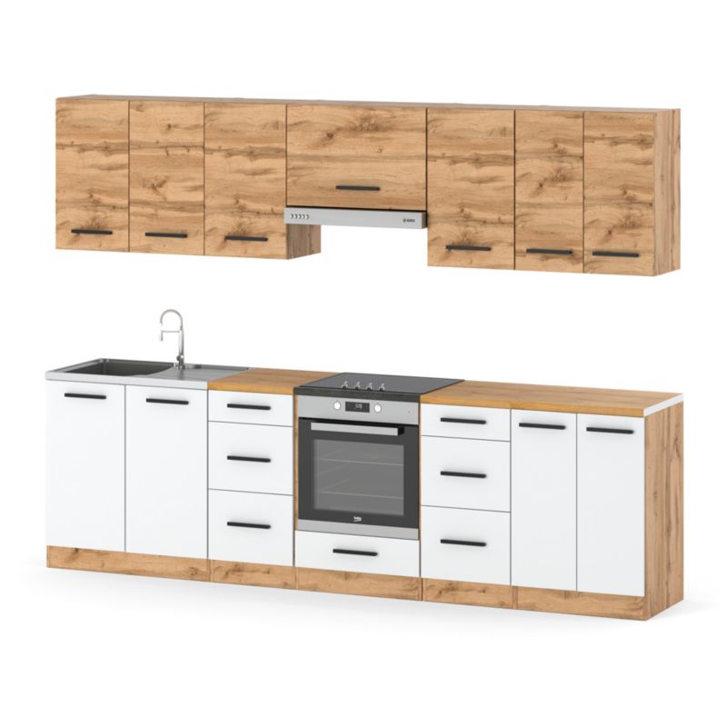Zestaw Kuchenny Hurtownia-Mebli Z Blatem Kuchnia Roma 280cm Dąb Wotan Dąb Wotan/Biały Mat 280x47x145 cm 1szt.