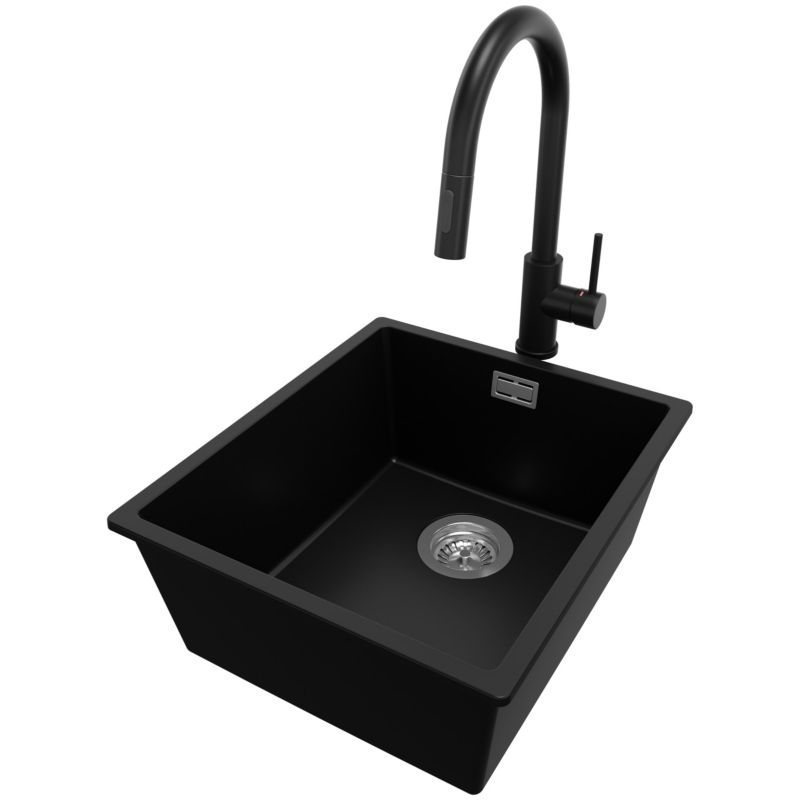 Zlewozmywak Granitowy Londyn Slim PRIMAGRAN Nablatowy 41x47cm do szafki od 45cm, Czarny + Bateria 40x20cm + Syfon, S135, 1 szt.