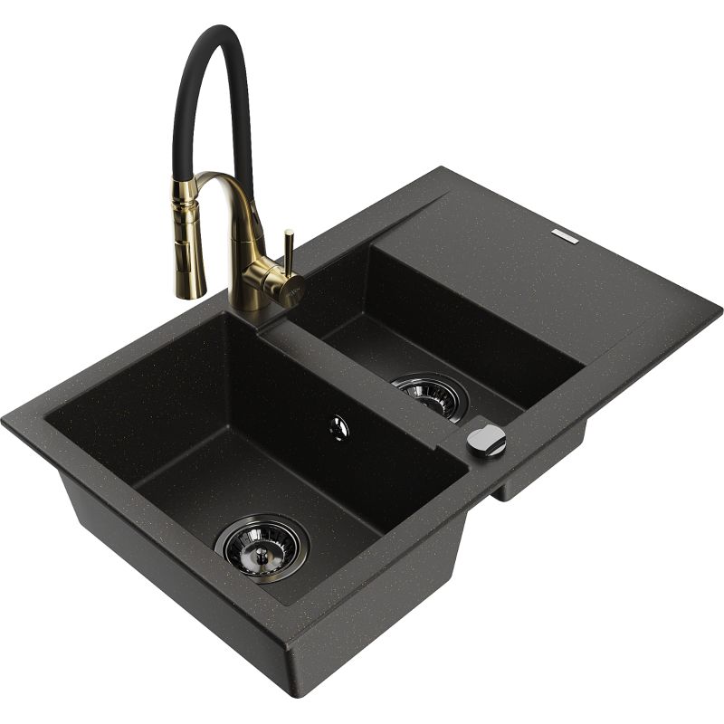 Zlewozmywak granitowy 1.5-komorowy Mexen Gaspar z ociekaczem i baterią kuchenną Aster czarny/złoty metalik 6507-75-73450-57-B