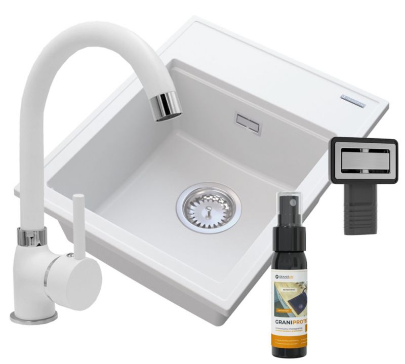 Zlewozmywak Granitowy Jednokomorowy Granitan Alor Biały Zestaw Zlewozmywak Bateria Beta Biała Syfon 1 kpl.