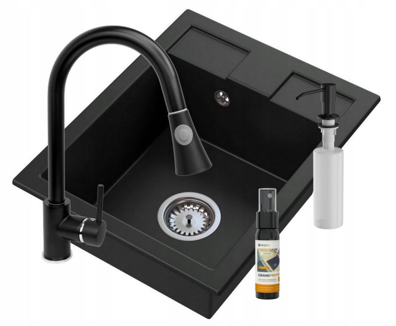Zlewozmywak Granitowy Granitan Best Jednokomorowy z Syfonem Dozownikiem i Baterią Snake 1kpl.