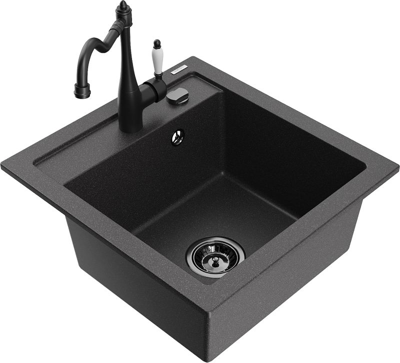 Zlewozmywak granitowy Mexen Vito 1-komorowy z baterią kuchenną Carla czarny 6503-76-670700-70-B