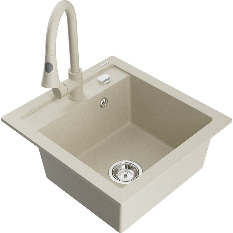 Zlewozmywak granitowy 1-komorowy Mexen Vito z baterią kuchenną Elia beżowy 6503-69-670101-69