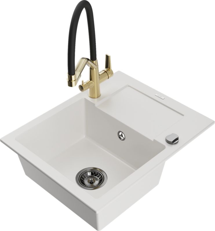 Zlewozmywak granitowy Mexen Enzo 1-komorowy z ociekaczem i baterią kuchenną Duo czarny - 6506-76-671701-57-B 1 szt.