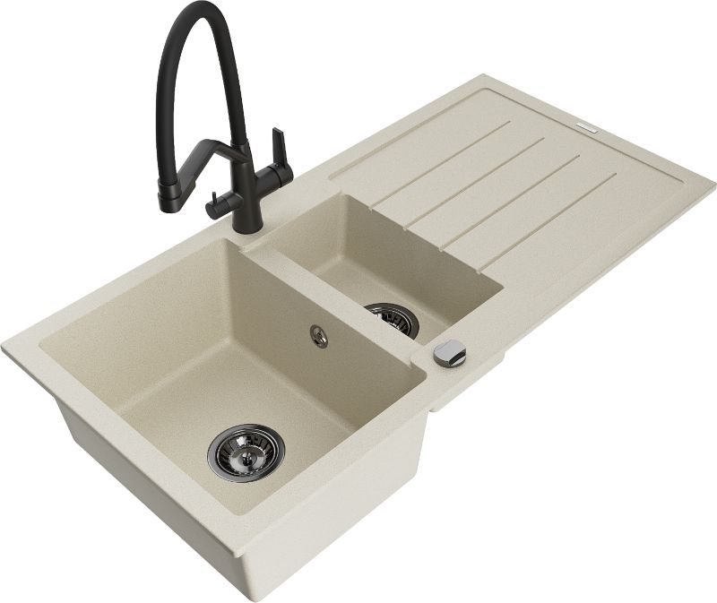 Zlewozmywak granitowy Mexen Andres 1,5-komorowy z ociekaczem i baterią kuchenną Duo biały - 6515-20-671701-70-B 1 szt.