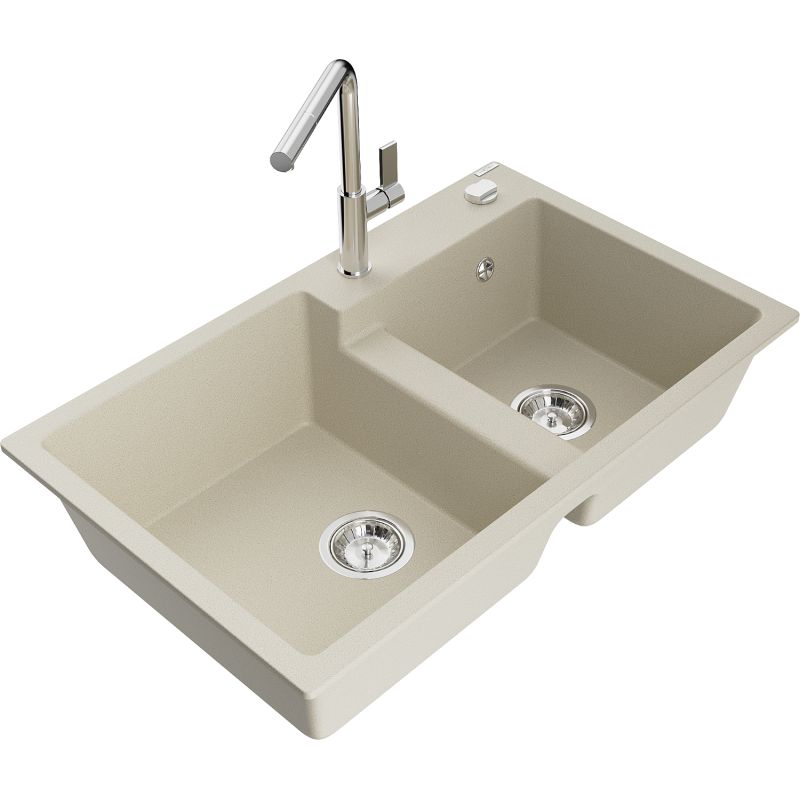 Zlewozmywak granitowy 2-komorowy Mexen Tomas z baterią kuchenną Flora beżowy 6516-69-670401-00