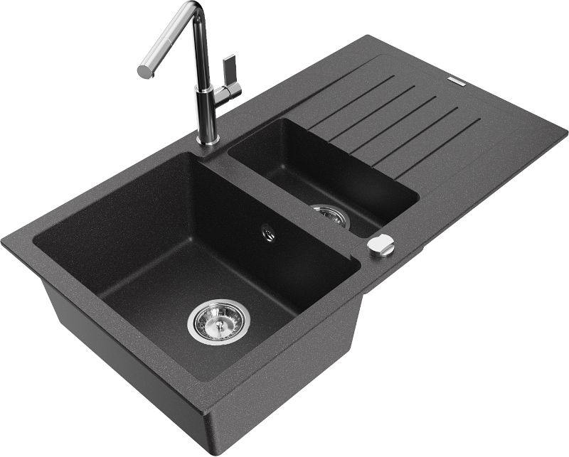 Zlewozmywak granitowy Mexen Matias 1,5-komorowy z ociekaczem i baterią kuchenną Flora czarny 6502-76-670401-00