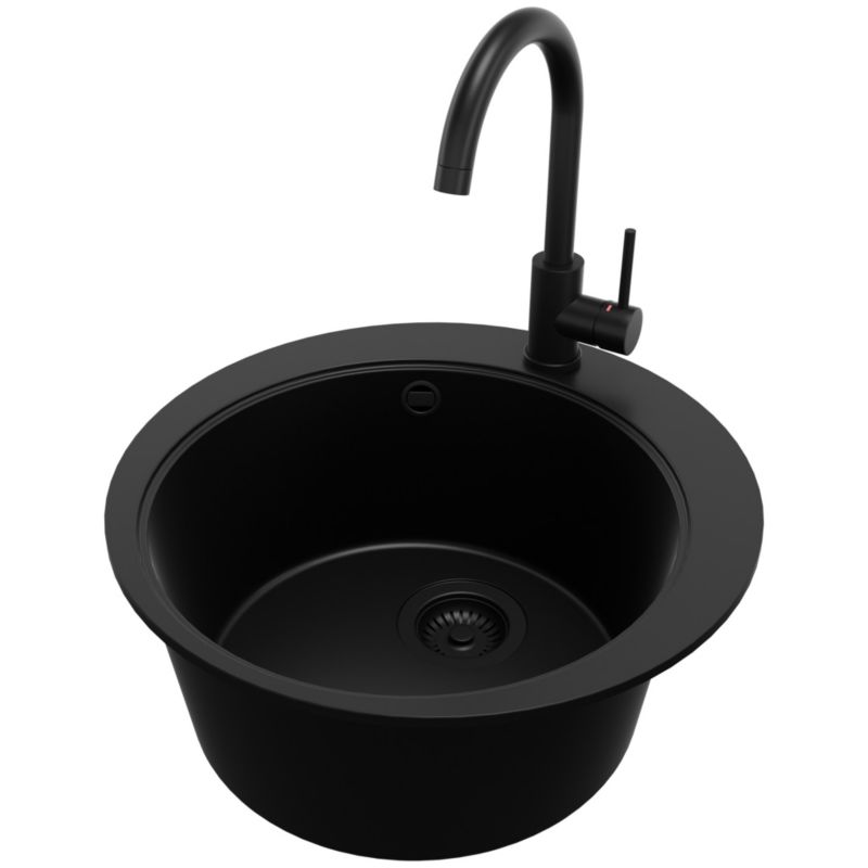 Zlewozmywak Granitowy Okrągły Piza PRIMAGRAN Nablatowy 50x50cm do szafki od 45cm z Syfonem i Baterią Cały Czarny 1 szt.