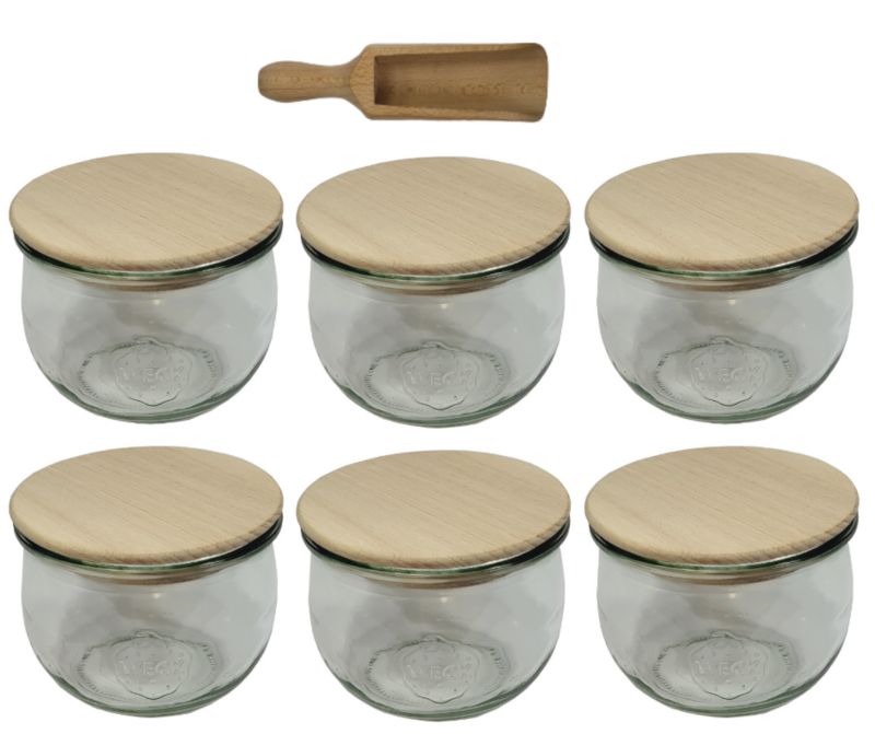 Słoiki MODO24 Weck 580 ml fi 100 tulip drewniane wieka miarka 6 kpl.