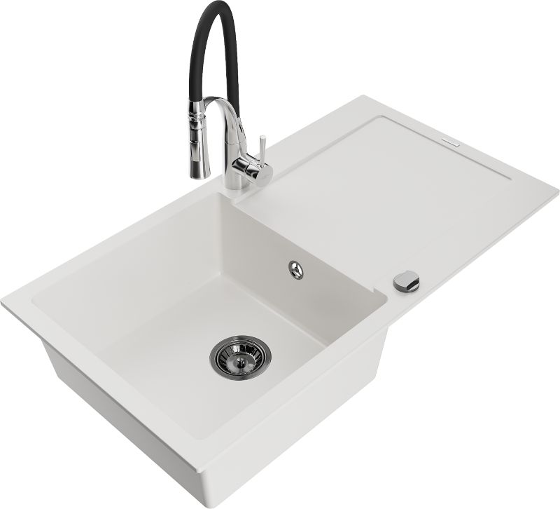 Zlewozmywak granitowy Mexen Leo 1-komorowy z ociekaczem i baterią kuchenną Aster biały - 6501-20-73450-57-G 1 szt.