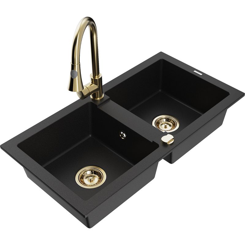 Zlewozmywak granitowy 2-komorowy Mexen Mario z baterią kuchenną Elia czarny - 6504-77-670101-70-B 1 szt.