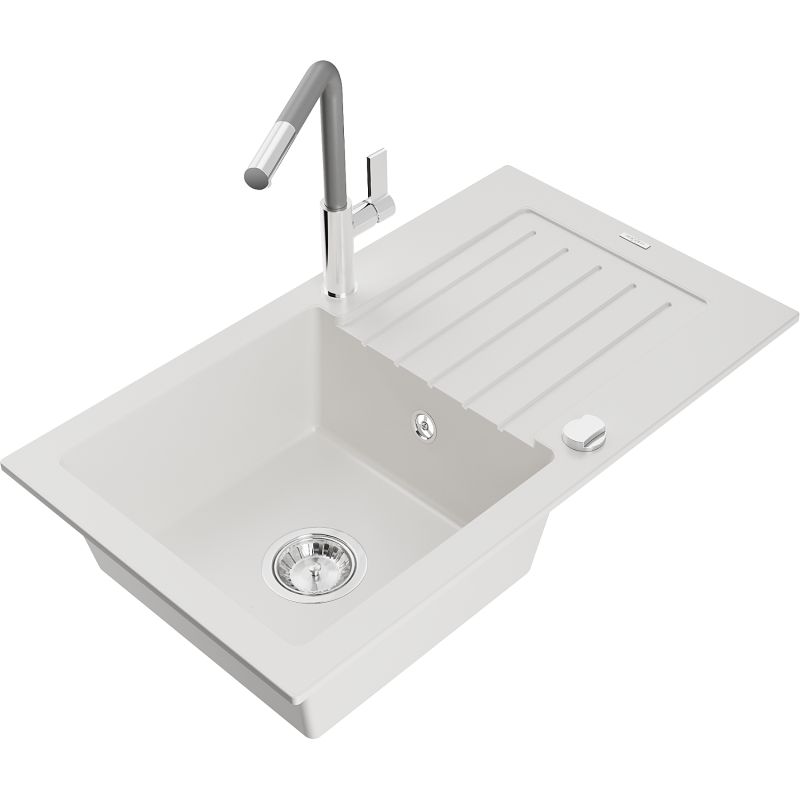 Zlewozmywak granitowy 1-komorowy Mexen Pablo z ociekaczem i baterią kuchenną Flora biały 6510-20-670401-06