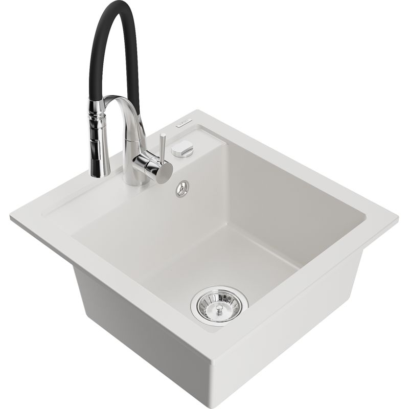 Zlewozmywak granitowy 1-komorowy Mexen Vito z baterią kuchenną Aster biały 6503-20-73450-07
