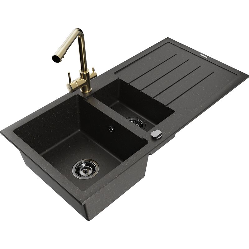 Zlewozmywak granitowy 1.5-komorowy Mexen Andres z ociekaczem i baterią kuchenną Duero czarny/złoty 6515-75-671600-50-B
