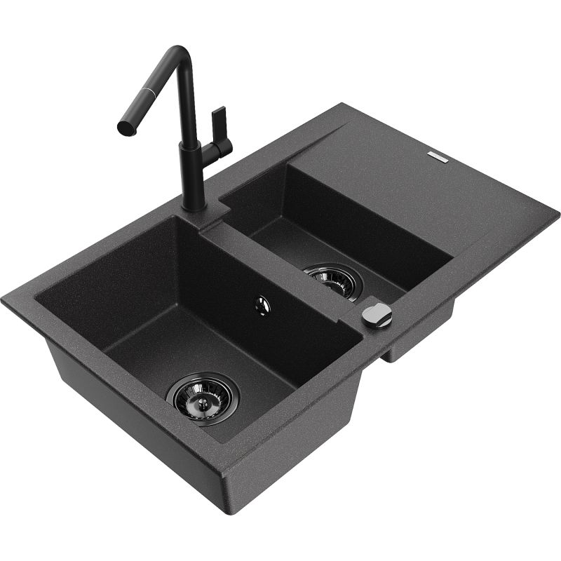 Zlewozmywak granitowy 1.5-komorowy Mexen Gaspar z ociekaczem i baterią Flora czarny nakrapiany - 6507-76-670401-75-B 1 szt.