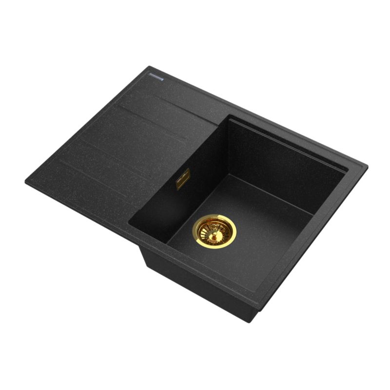 Zlewozmywak Granitowy Jednokomorowy z ociekaczem Granitan Lugo Czarny Z Drobinkami Złota Zestaw Zlew Syfon Czarny 1 kpl.