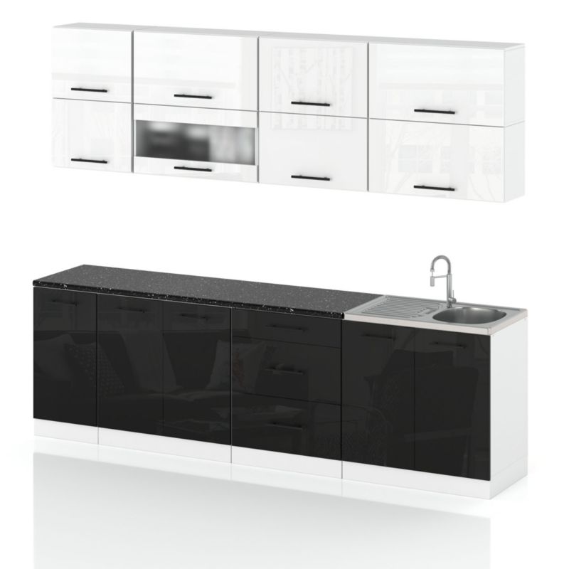 Zestaw Kuchenny Hurtownia-Mebli Z Blatem Kuchnia Robo Lux 260cm Biały Mat Biały Połysk/Czarny Połysk 260x52x157 cm 1szt.