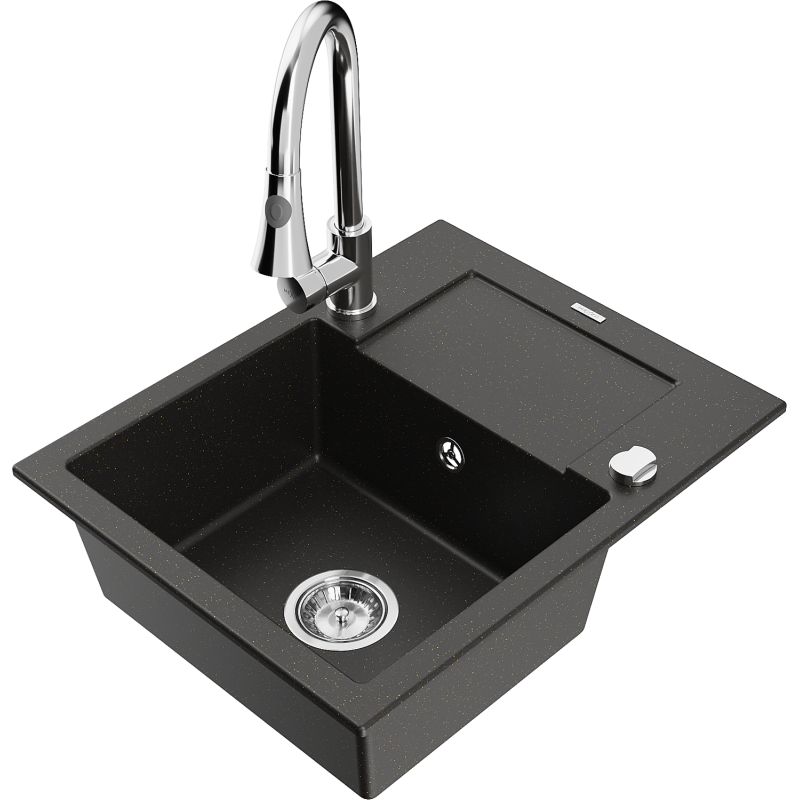 Zlewozmywak granitowy 1-komorowy Mexen Enzo z ociekaczem i baterią kuchenną Elia czarny/złoty metalik 6506-75-670101-00