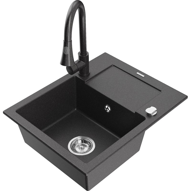 Zlewozmywak granitowy 1-komorowy Mexen Enzo z ociekaczem i baterią Elia czarny/srebrny metalik - 6506-73-670101-70 1 szt.