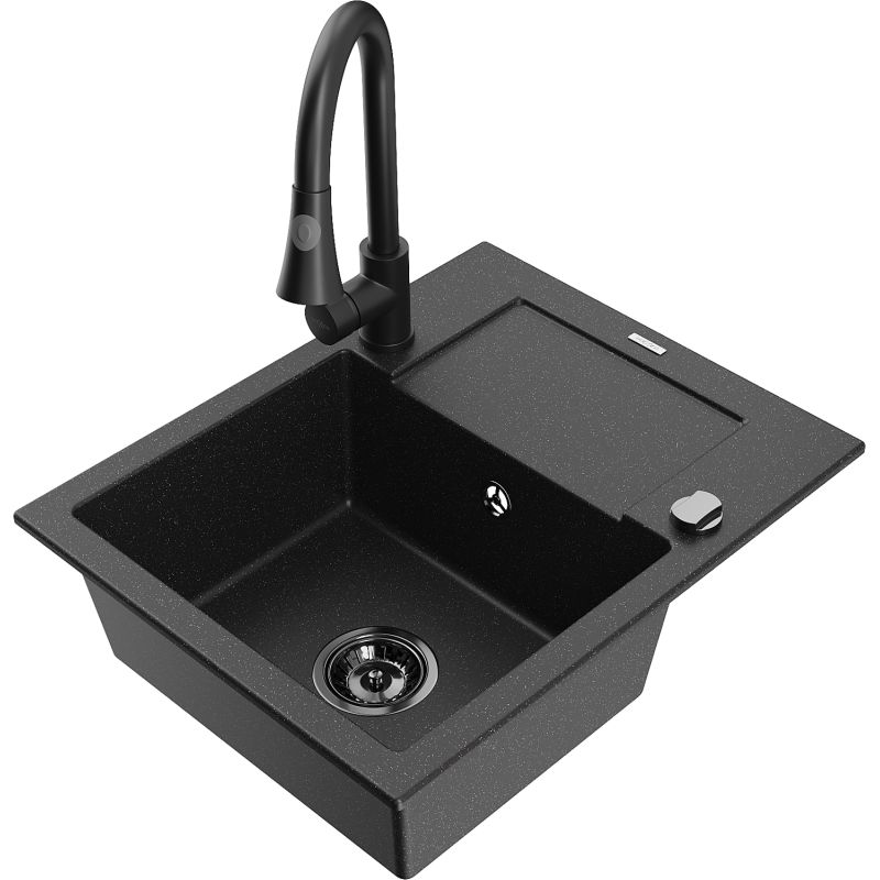 Zlewozmywak granitowy 1-komorowy Mexen Enzo z ociekaczem i baterią kuchenną Elia czarny/srebrny metalik 6506-73-670101-70-B
