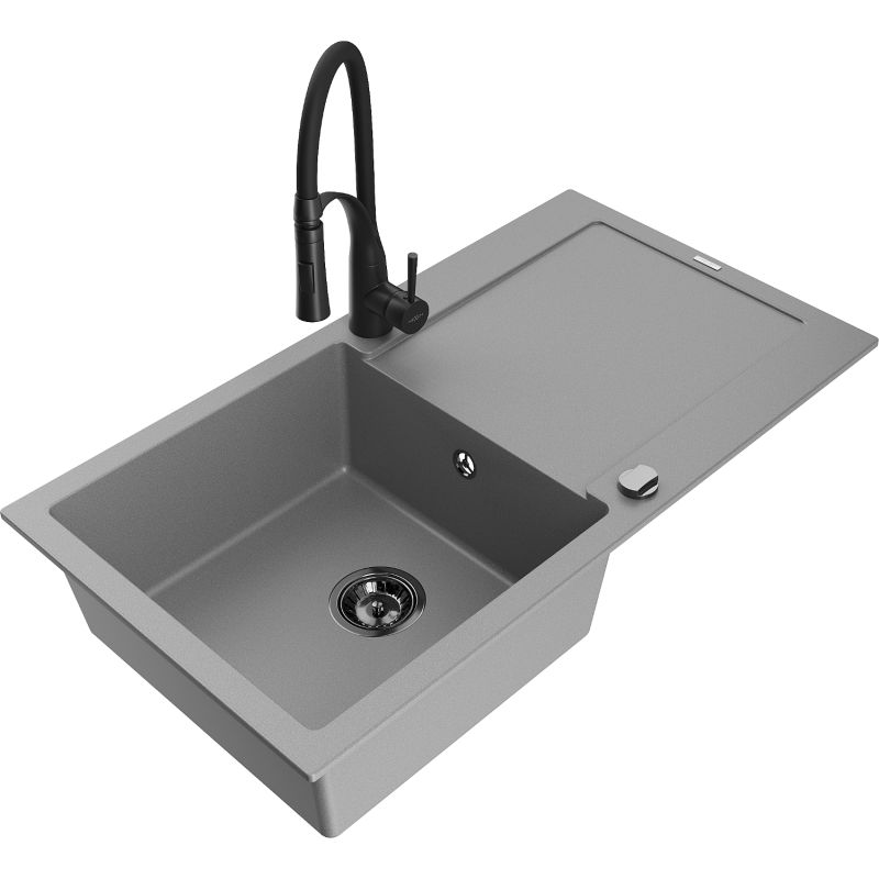 Zlewozmywak granitowy 1-komorowy Mexen Leo z ociekaczem i baterią kuchenną Carla czarny - 6501-77-670700-70 1 szt.