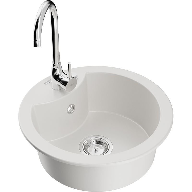 Zlewozmywak granitowy 1-komorowy Mexen Diego z baterią kuchenną Telma biały 6512-20-670200-00