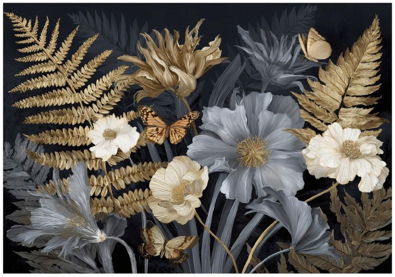 Fototapeta WALLARENA Do Sypialni Salonu Na Flizelinie Liście Vintage Kwiaty Szary 250x175 cm 16036VX5 1 szt.