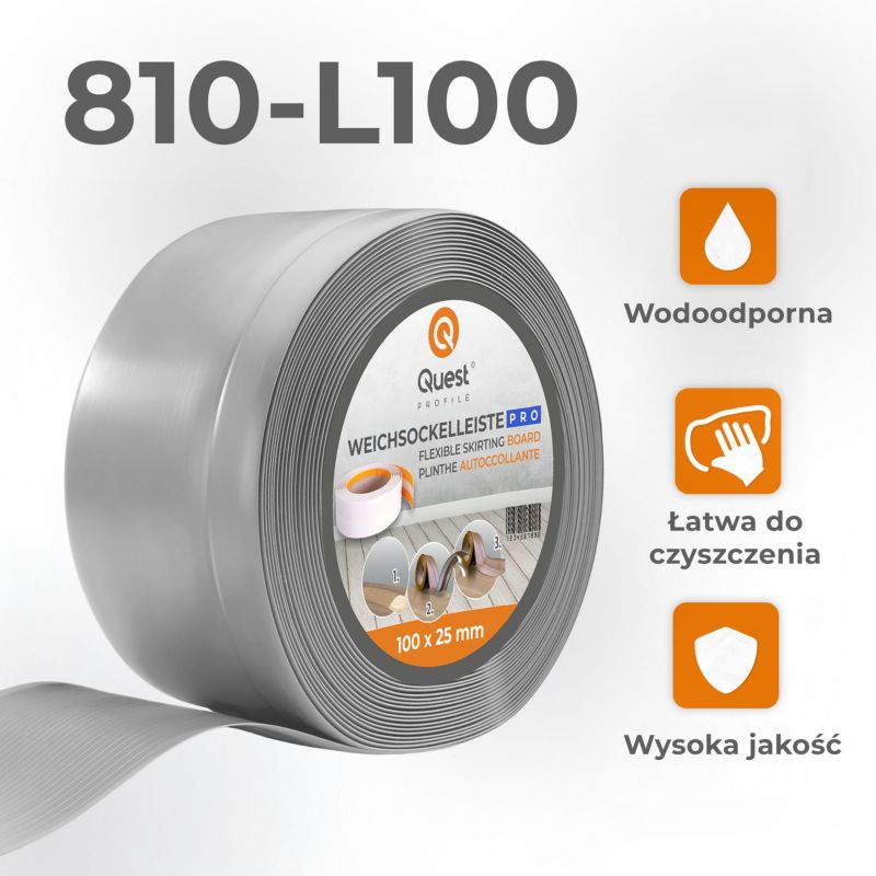 Listwa przypodłogowa PCV 100x25mm, QUEST, elastyczna, miękka listwa podłogowa, cokołowa, szary, 25m