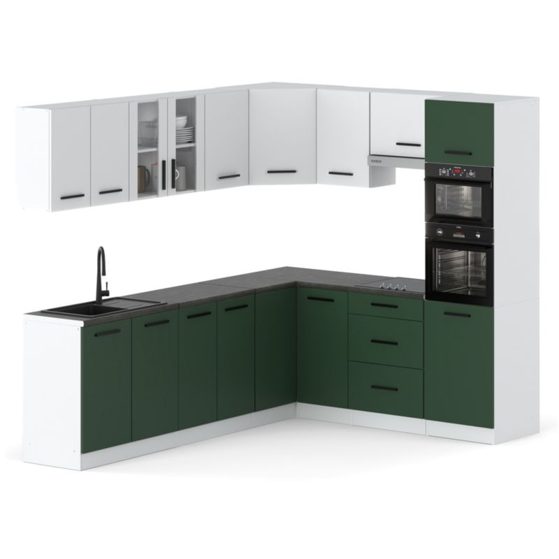 Zestaw Kuchenny Hurtownia-Mebli Z Blatem Kuchnia Marra Narozna 460cm Biały Mat Biały Mat/Butelkowa Zieleń 460x47x145 cm 1szt.