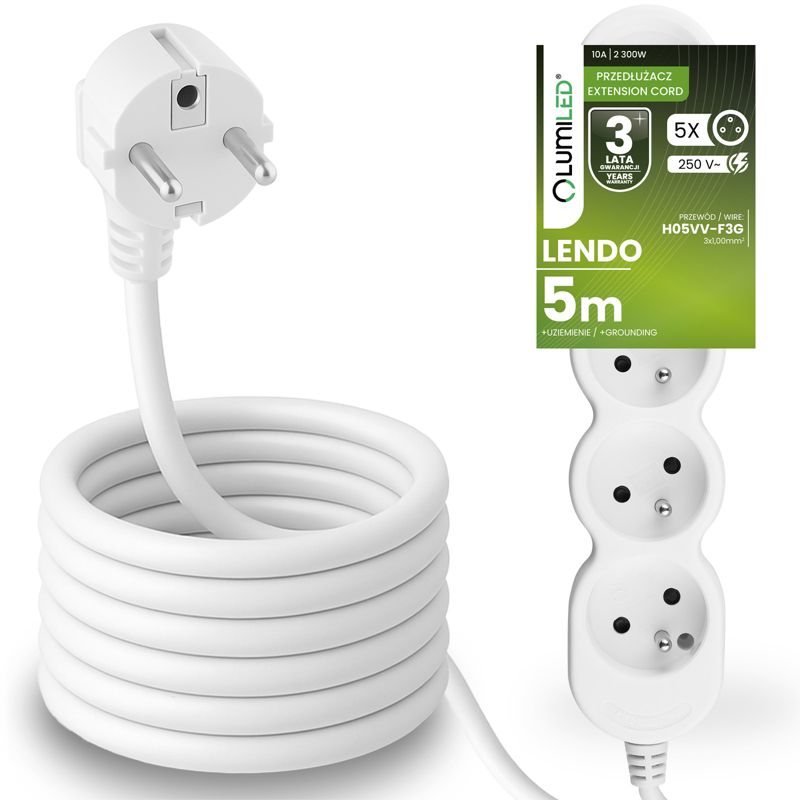 Przedłużacz Sieciowy Lumiled Kabel z Uziemieniem Listwa Zasilająca 5 Gniazda 5m Biały Sznur 1 szt.