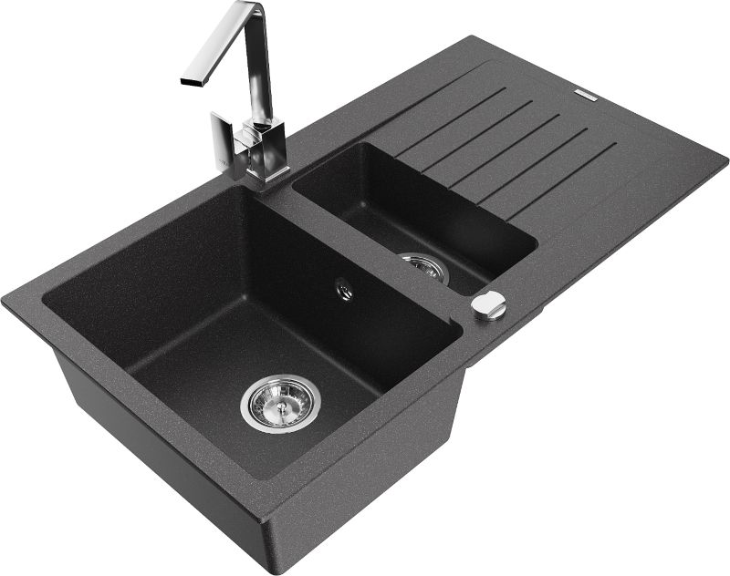 Zlewozmywak granitowy Mexen Matias 1,5-komorowy z ociekaczem i baterią kuchenną Rita czarny 6502-76-670300-00