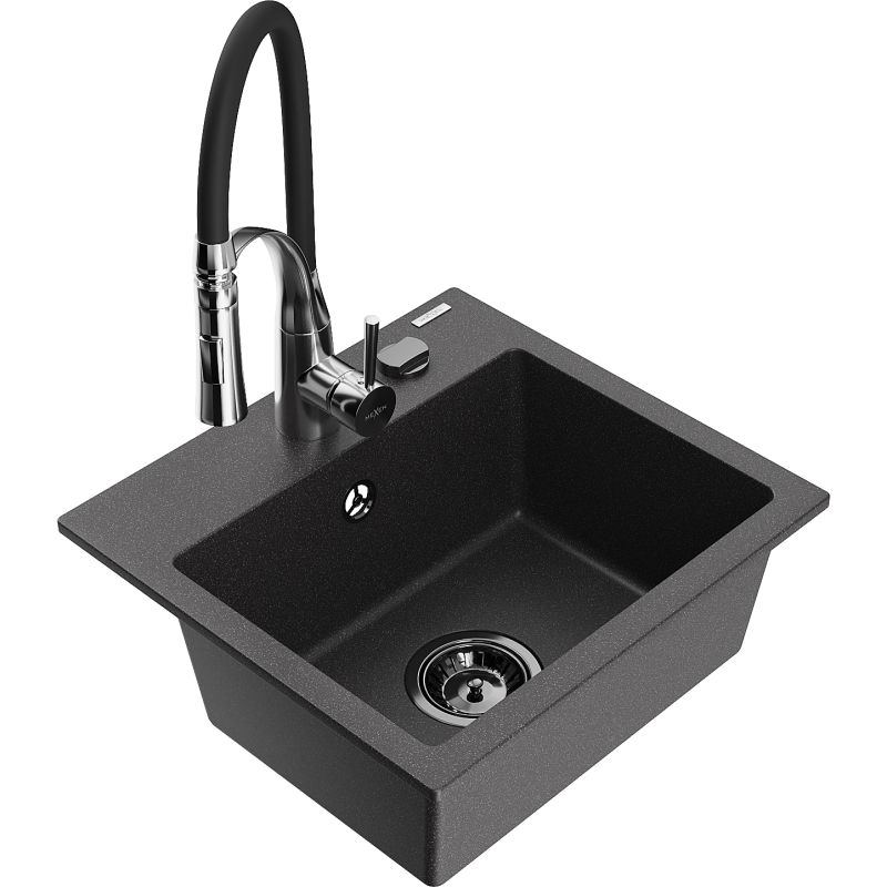 Zlewozmywak granitowy 1-komorowy Mexen Milo z baterią kuchenną Aster czarny nakrapiany 6505-76-73450-07-B