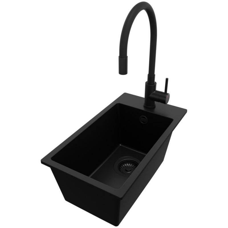 Zlewozmywak Granitowy Ryga PRIMAGRAN Nablatowy 28x50cm do szafki od 30cm, Cały Czarny + Bateria 40x38cm + Syfon, S028, 1 szt.