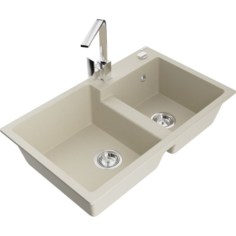 Zlewozmywak granitowy 2-komorowy Mexen Tomas z baterią kuchenną Rita beżowy 6516-69-670300-00