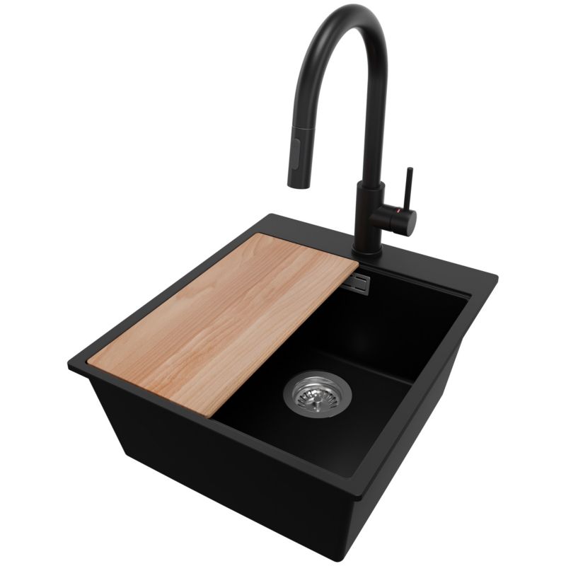 Zlewozmywak Granitowy Oslo PRIMAGRAN Nablatowy 43x50cm do szafki od 45cm, Czarny + Bateria 40x20cm + Syfon + Deska, S201, 1 szt.